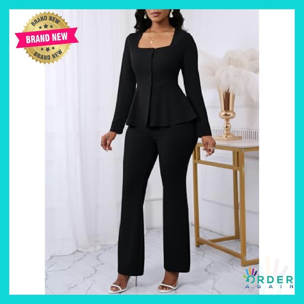 Two Piece Pantsuit Set Long Sleeve Blazer Flare Pant Office Work Formal Wear - Picture 4 of 8